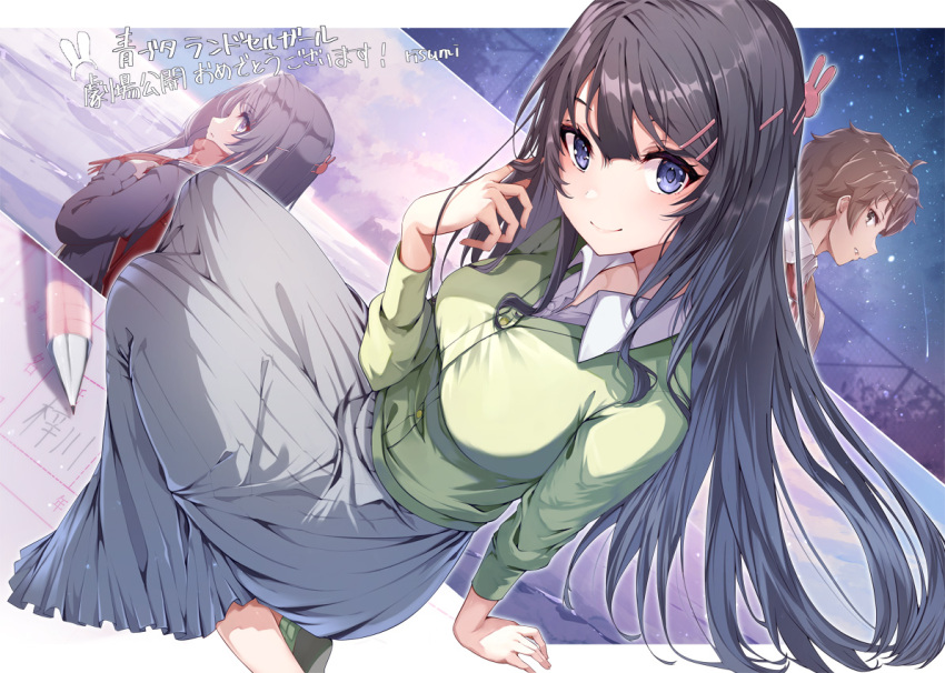 1boy, 2girls, arm_support, azusagawa_sakuta, backpack, bag, black_hair, blue_eyes