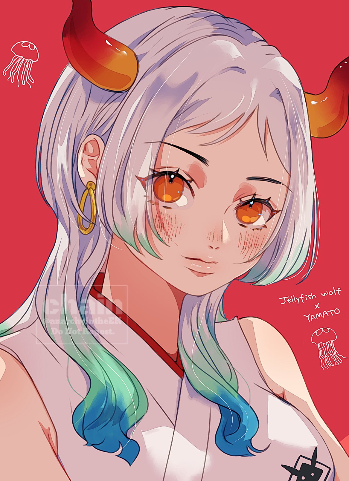 1girl, anarchyintheek, blue_hair, blush, closed_mouth, commentary_request, earrings, green_hair