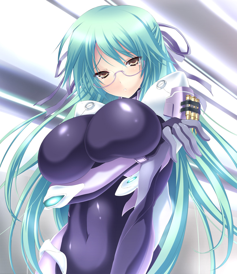aqua_hair, artist_request, bodysuit, breast_hold, breasts, brown_eyes, bullet, crossed_arms, glasses, green_hair, hair_ribbon, huge_breasts, impossible_clothes, impossible_clothing, impossible_shirt, large_breasts, long_hair, nanakorobi_yaoki, original, ribbon, shirt, solo, source_request, tears, very_long_hair, yellow_eyes