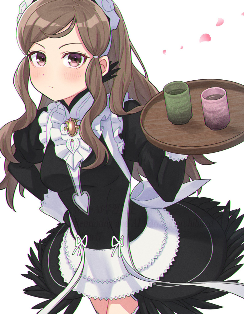 1girl, black_dress, blush, brown_eyes, brown_hair, cosplay, cup, dress
