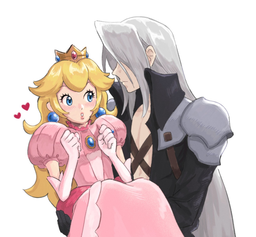 1boy, 1girl, armor, black_coat, black_gloves, blonde_hair, blue_brooch, blue_eyes