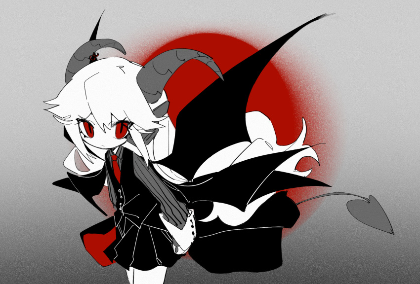 1girl, black_skirt, black_vest, buttons, closed_mouth, colored_skin, commentary, demon_horns