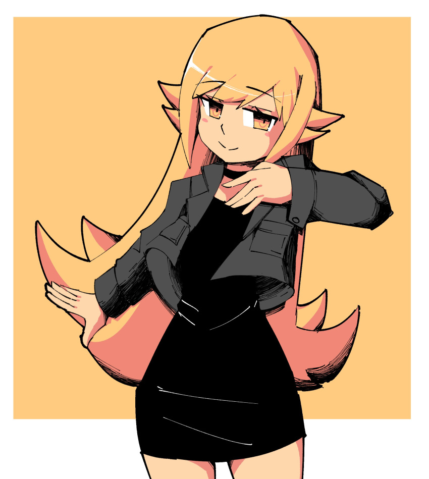 1girl, absurdres, black_choker, black_dress, blonde_hair, blush_stickers, border, buttons