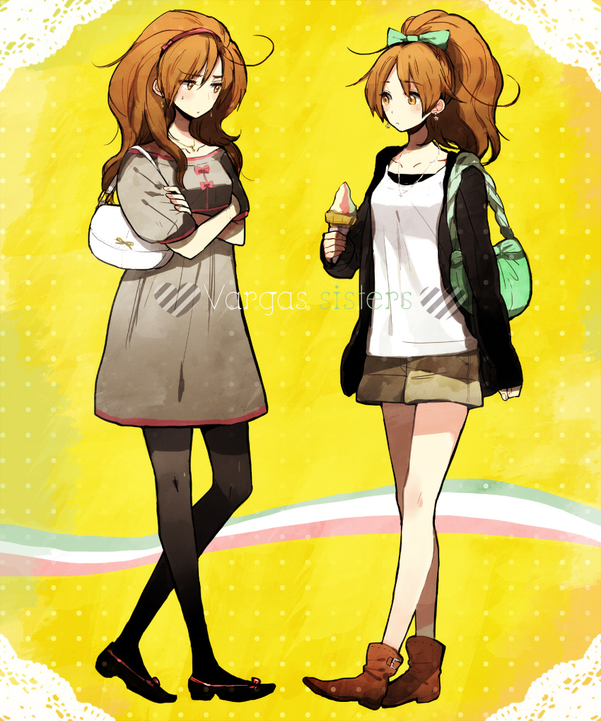 axis_powers_hetalia, bag, blush, brothers, brown_hair, casual, crossed_arms, earrings