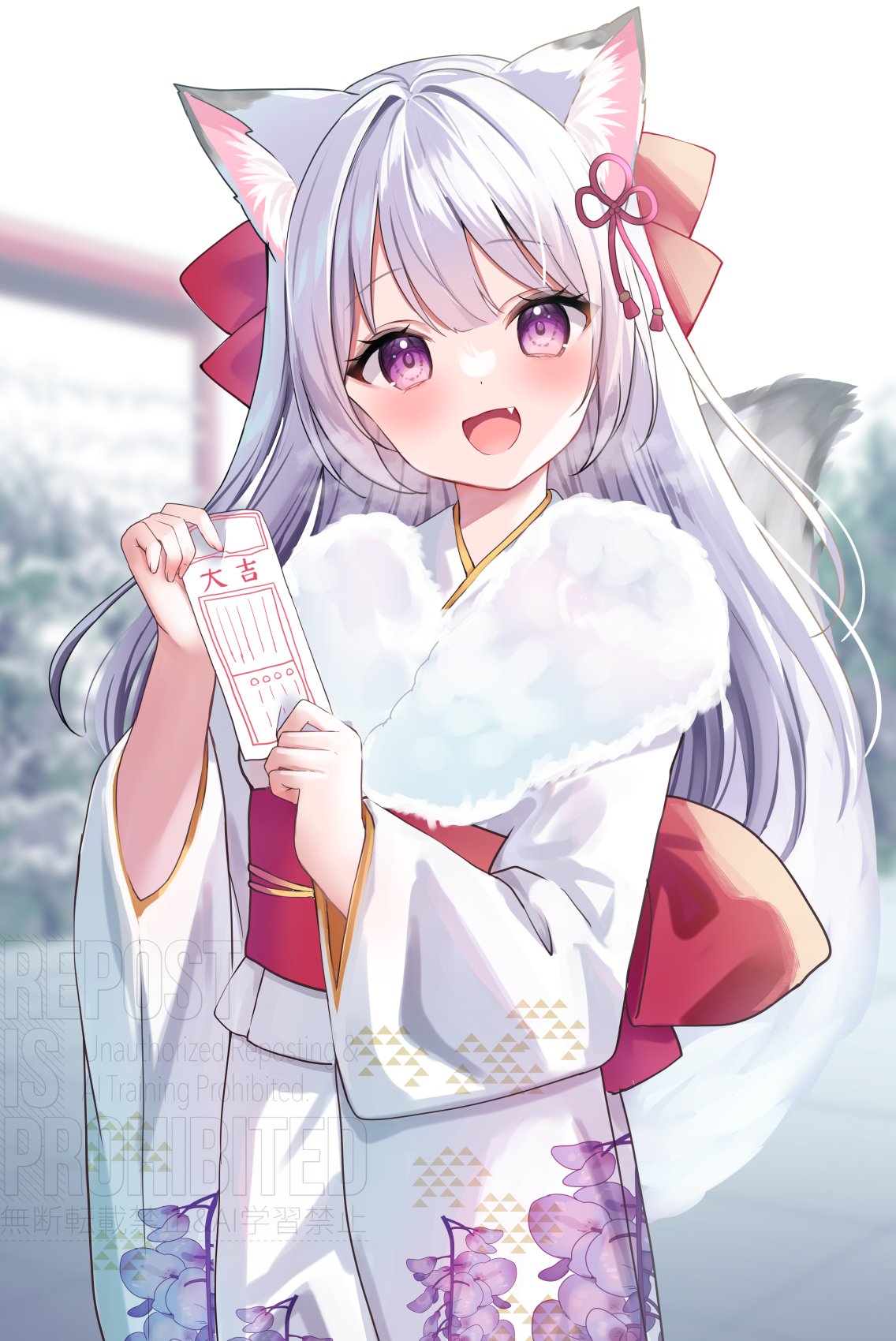 1girl, :d, animal_ear_fluff, animal_ears, blush, double-parted_bangs, fang, floral_print