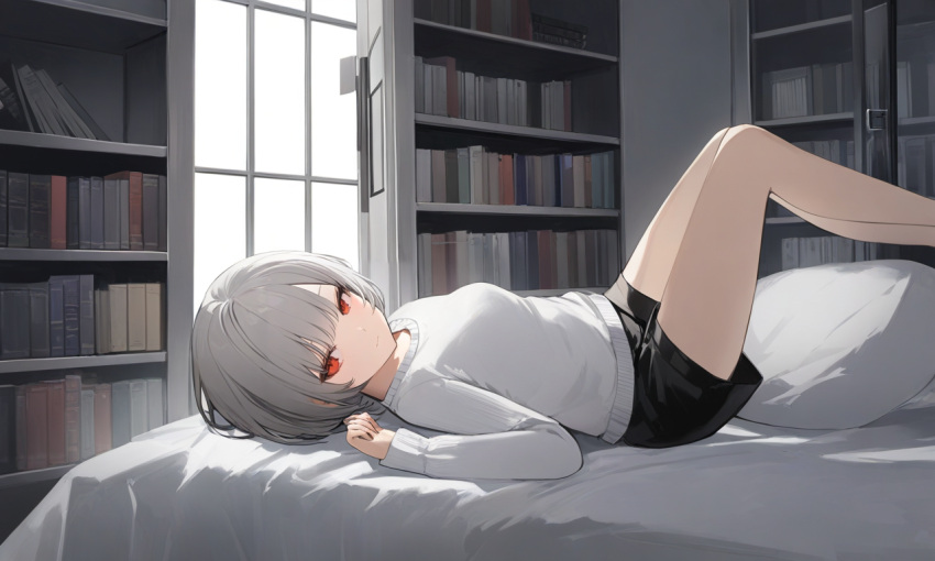 1girl, bookshelf, grey_wall, long_hair, long_sleeves, lying, on_bed, red_eyes