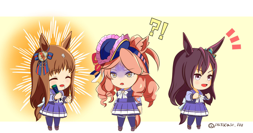 !?, 3girls, animal_ears, breasts, brown_hair, chibi, closed_eyes, commentary_request, confetti, grass_wonder_(umamusume), hair_between_eyes, hair_ornament, hat, highres, horse_ears, long_hair, medium_breasts, mejiro_dober_(umamusume), montjeu_(umamusume), multiple_girls, open_mouth, passcase_888, ponytail, scared, school_uniform, thigh-highs, tracen_school_uniform, translation_request, twitter_username, umamusume, white_background