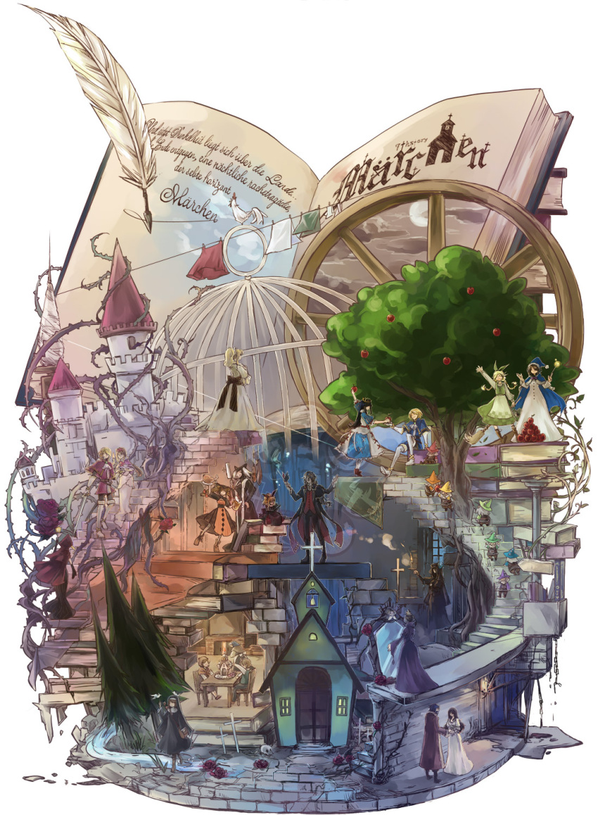 alte_rose, aohigeko, apple, bird, birdcage, book, broom, buranko_(marchen)