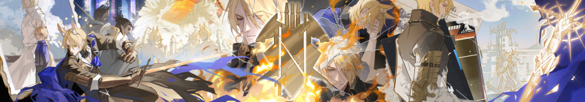 3boys, absurdres, age_progression, animal_ear_fluff, animal_ears, arknights, black_jacket, black_vest, blonde_hair, blue_sky, castle, cigarette, commentary_request, crack, cracked_glass, fire, gauntlets, hair_over_one_eye, head_on_hand, highres, holding, holding_sword, holding_weapon, horse_boy, horse_ears, horse_tail, jacket, male_focus, mlynar_(arknights), mlynar_(w_dali)_(arknights), multiple_boys, multiple_views, sky, smoking, statue, sword, tail, toland_(arknights), vest, weapon, wide_image, xianyu_guguzi, yellow_eyes