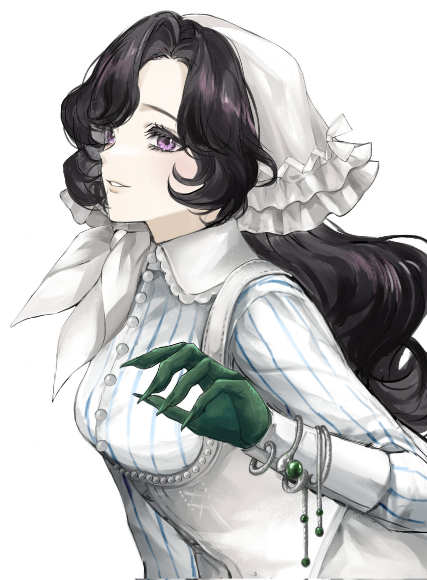 1girl, anjo_nala, black_hair, coif, corset, eyelashes, from_side, gloves