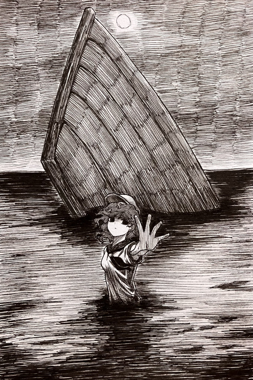 1girl, agaribito_snail, collared_shirt, expressionless, hat, highres, looking_at_viewer, monochrome