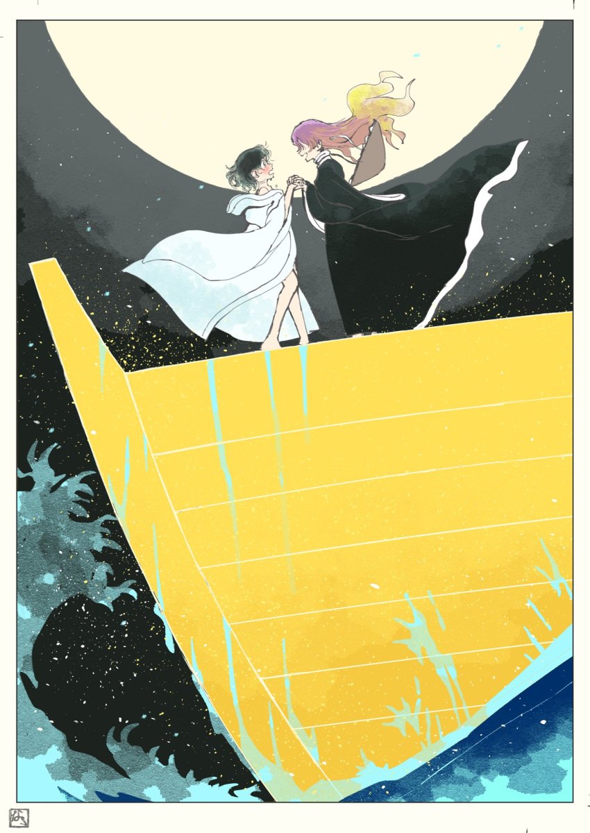 2girls, 929mura, ajirogasa, alternate_costume, black_dress, black_hair, blonde_hair, blush