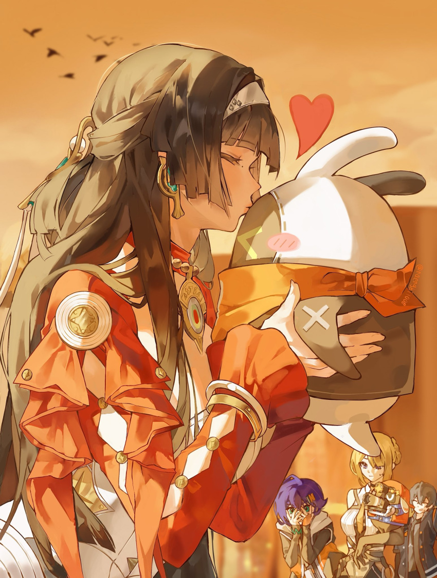 1boy, 3girls, astra_yao, belle_(zenless_zone_zero), black_hair, blonde_hair, blue_hair, blunt_sidelocks, brother_and_sister, closed_mouth, covering_face, dress, earrings, eous_(zenless_zone_zero), evelyn_chevalier, gloves, green_eyes, grey_hair, hair_ornament, hairband, heart, highres, jewelry, kiss, letter_hair_ornament, multiple_girls, naengbi1008, orange_gloves, orange_sky, outdoors, siblings, sky, solo_focus, upper_body, white_dress, white_hairband, wise_(zenless_zone_zero), zenless_zone_zero