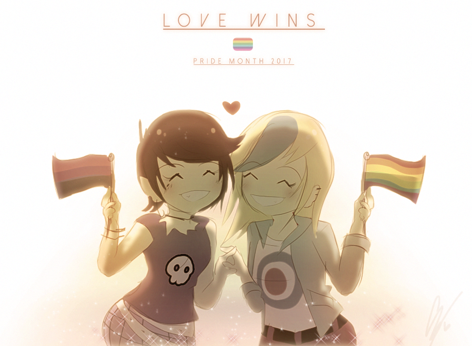 2girls, bisexual_flag, blonde_hair, bracelet, brown_hair, collar, earrings, endifi