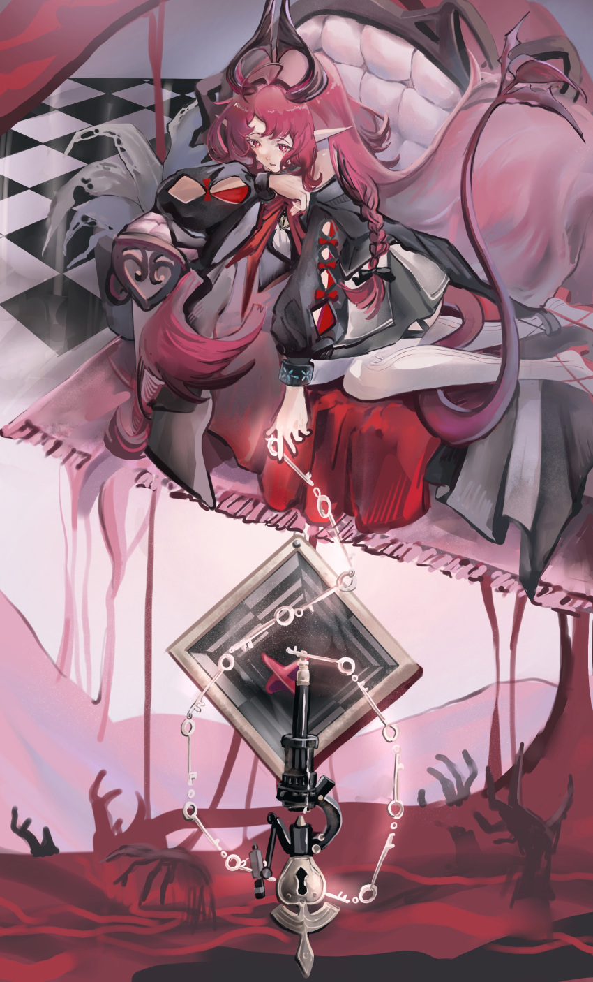 1girl, absurdres, arknights, black_dress, blood, checkered_floor, chinese_commentary, couch