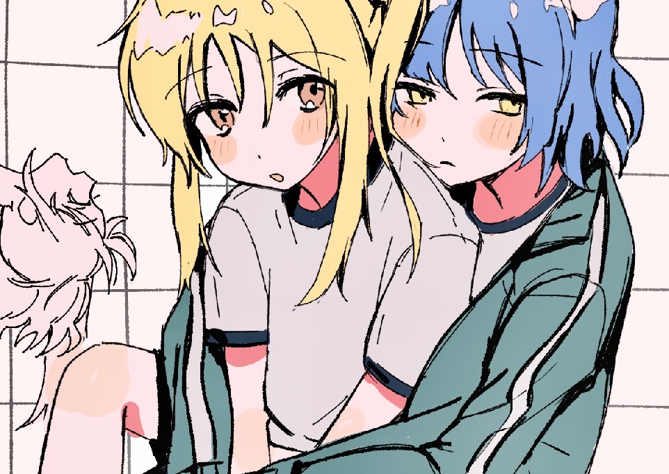 2girls, bad_id, bad_twitter_id, blonde_hair, blue_hair, blue_jacket, blush, bocchi_the_rock!