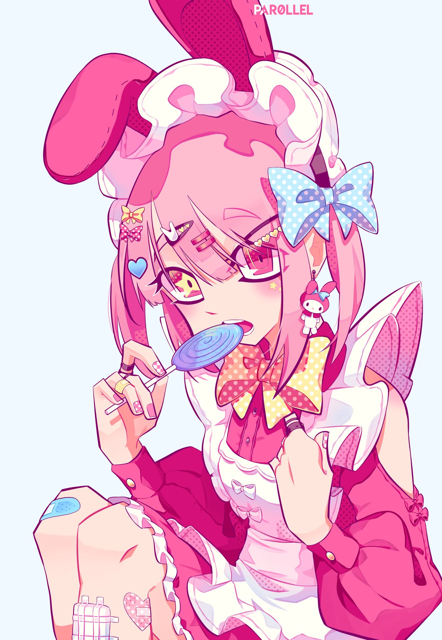 1girl, animal_ear_hairband, animal_ears, apron, bandaid, bandaid_on_knee, bandaid_on_leg, blue_bow