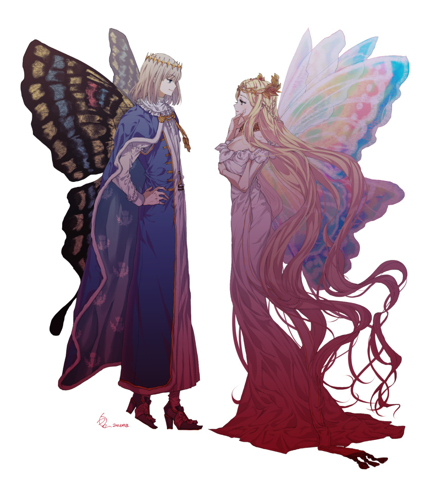 1boy, 1girl, arthropod_boy, aurora_(fate), blonde_hair, blue_cloak, blue_eyes, braid