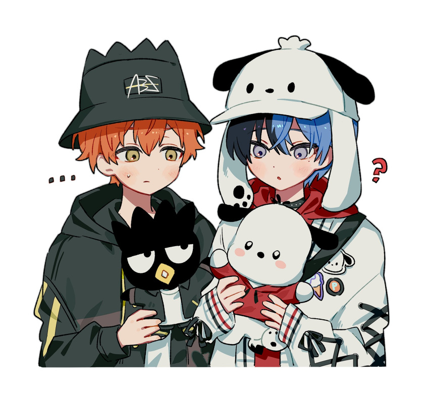..., 2boys, 5rd8x, :o, ?, animal_ear_headwear, animal_ears, aoyagi_touya, badtz-maru, black_choker, black_hat, black_jacket, blue_hair, cardigan, choker, closed_mouth, commentary_request, dog_ears, fake_animal_ears, hands_up, hat, highres, holding, hood, hood_down, hoodie, imozonokan, jacket, long_sleeves, male_focus, mole, mole_under_eye, multicolored_hair, multiple_boys, official_alternate_costume, open_cardigan, open_clothes, open_mouth, pochacco, project_sekai, red_hoodie, sanrio, shinonome_akito, shirt, short_hair, simple_background, split-color_hair, two-tone_hair, upper_body, white_background, white_cardigan, white_hat, white_shirt