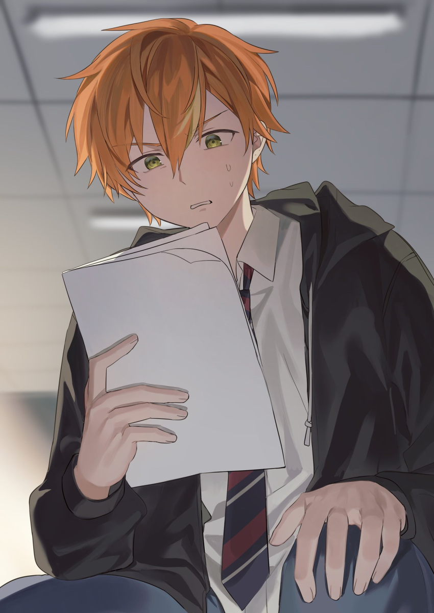 1boy, black_jacket, blonde_hair, ceiling, ceiling_light, collared_shirt, commentary_request, diagonal-striped_clothes