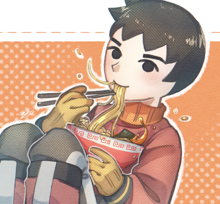 1boy, black_eyes, black_hair, blush, bowl, brown_eyes, brown_hair, chopsticks