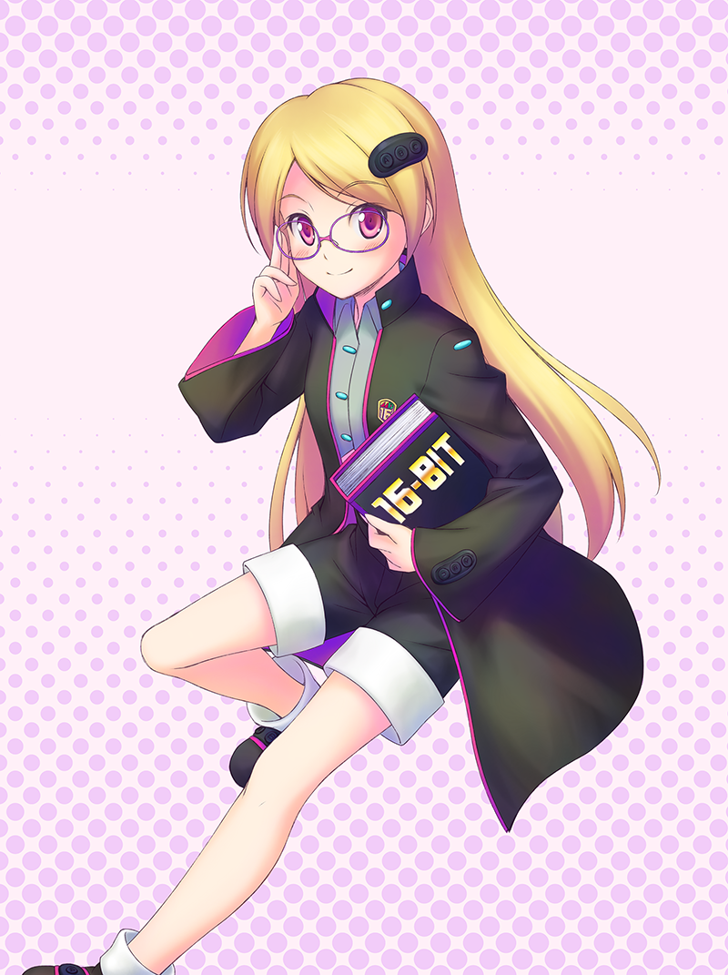 1girl, adjusting_eyewear, black_coat, black_footwear, black_shorts, blonde_hair, blush, book