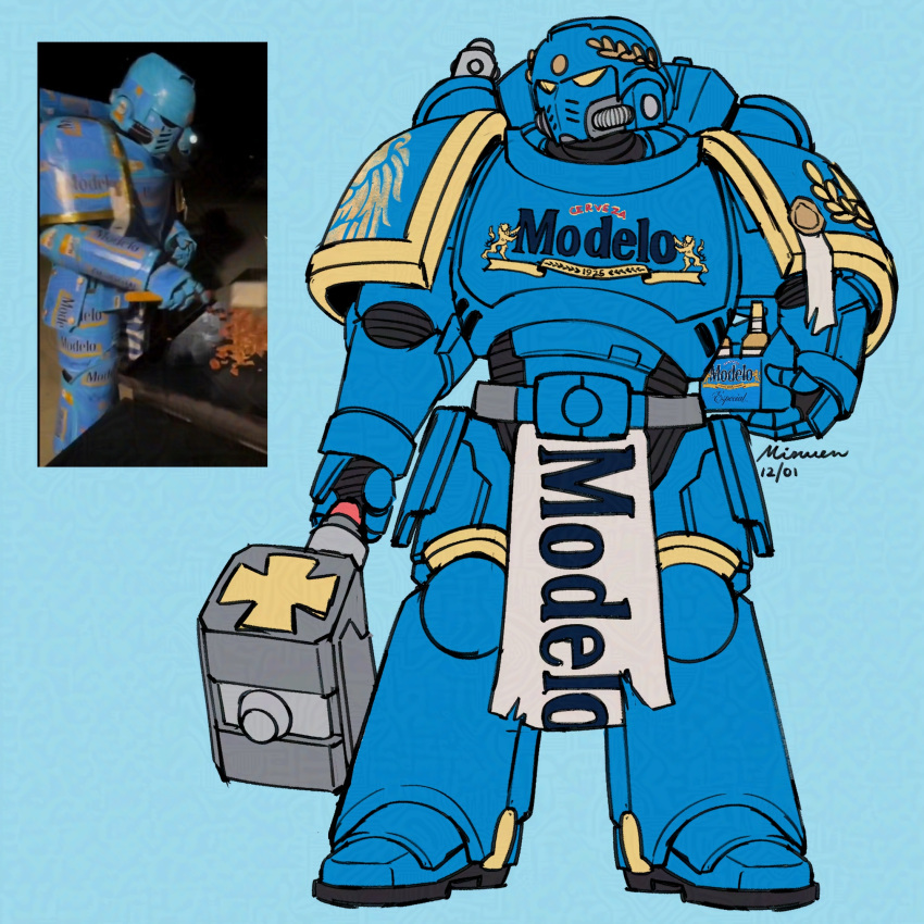 1boy, adeptus_astartes, alcohol, armor, beer, beer_bottle, blue_background, dated, grill, helmet, highres, laurel_crown, loincloth, mixuen_chan, pauldrons, photo-referenced, power_armor, shoulder_armor, signature, solo, thunder_hammer, war_hammer, warhammer_40k, weapon
