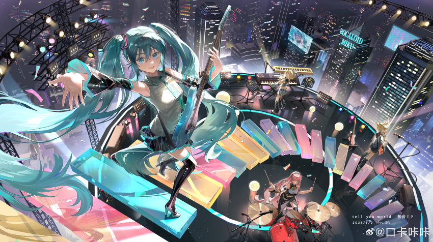 1boy, 3girls, :d, absurdres, aqua_eyes, aqua_hair, aqua_necktie, arm_up