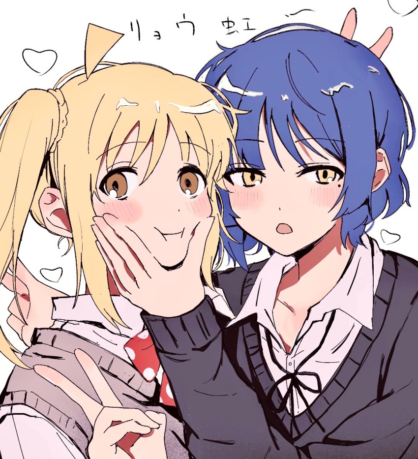 2girls, ahoge, bad_id, bad_twitter_id, black_ribbon, blonde_hair, blue_hair, blush