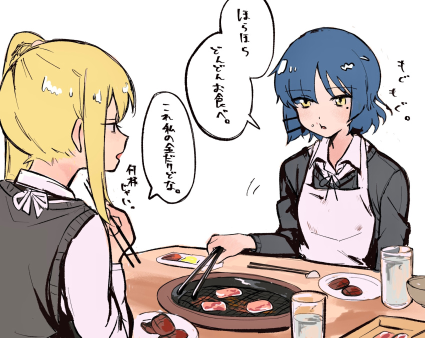 2girls, apron, bad_id, bad_twitter_id, blonde_hair, blue_hair, bocchi_the_rock!, chopsticks