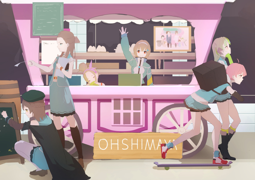 6+girls, absurdres, ahoge, bangs_pinned_back, beret, blonde_hair, breasts, brown_hair, fish_hair_ornament, green_eyes, green_hair, guratanchikin, hair_bun, hair_ornament, hairband, half_up_braid, hat, heaven_burns_red, highres, large_breasts, long_hair, multicolored_hair, multiple_girls, ooshima_ichiko, ooshima_isuzu, ooshima_minori, ooshima_muua, ooshima_niina, ooshima_yotsuha, red_eyes, red_hair, sextuplets, shirt, short_hair, siblings, sisters, skirt, stuffed_toy, team_31e_(heaven_burns_red), two_side_up, yellow_eyes