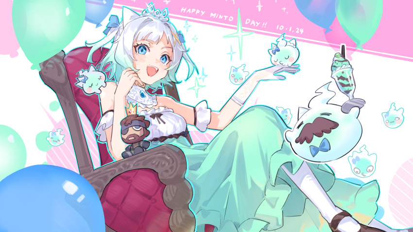 1girl, absurdres, alternate_costume, balloon, bare_shoulders, big_boss, black_footwear, blue_bow