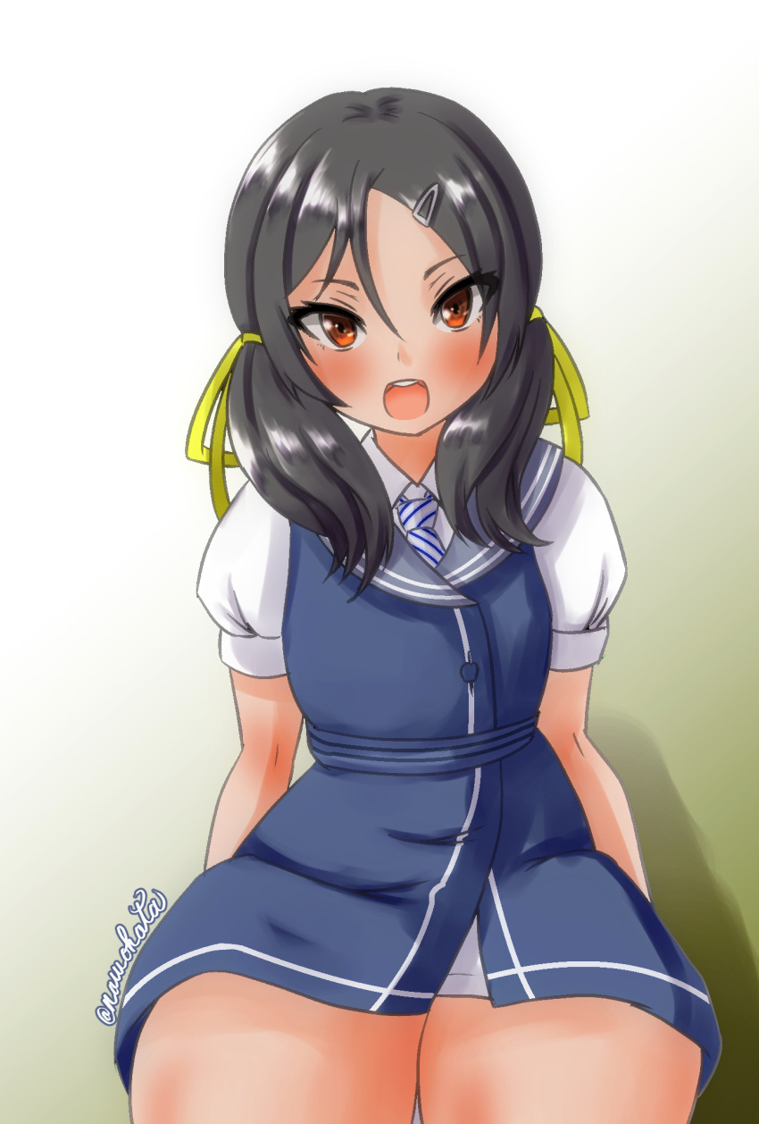 1girl, black_hair, blue_dress, brown_eyes, collared_shirt, diagonal-striped_clothes, diagonal-striped_necktie, dress