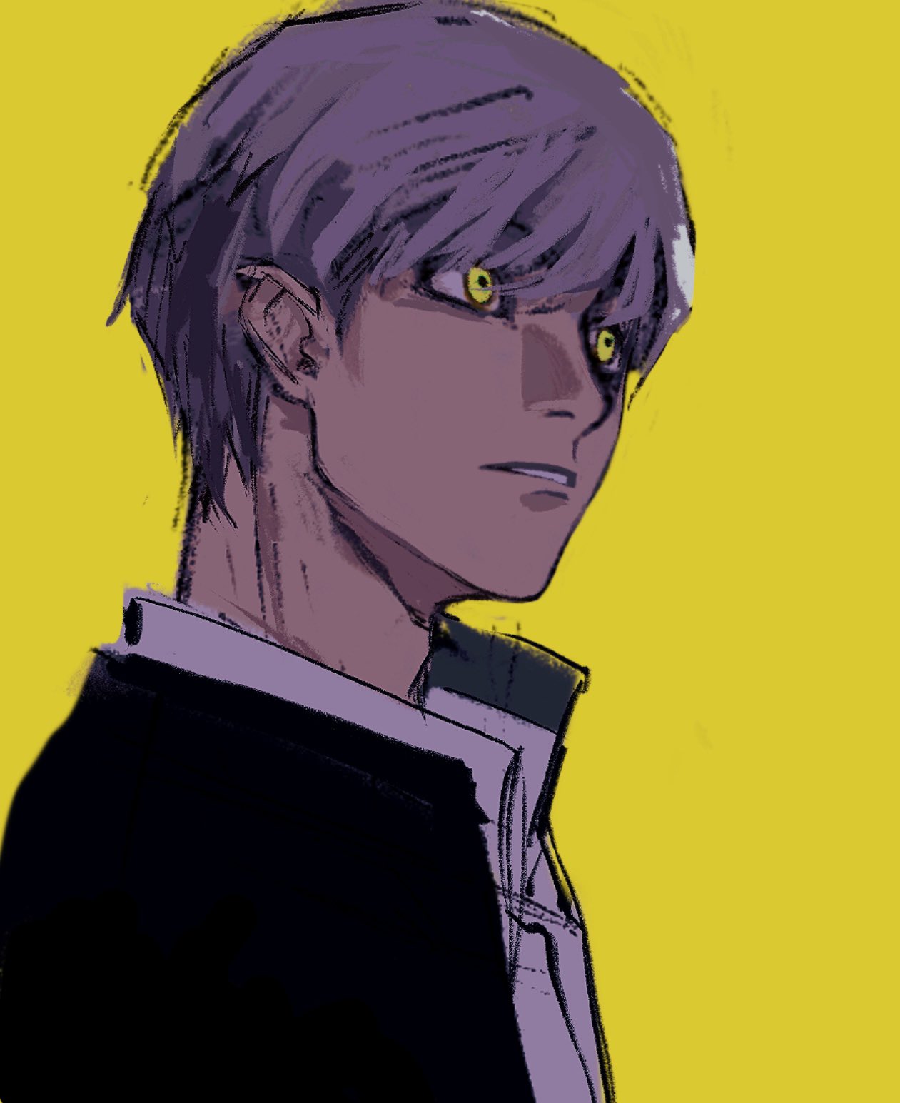 1boy, adam's_apple, black_jacket, collared_shirt, commentary, constricted_pupils, eilaeila33, grey_hair, hashtag-only_commentary, highres, jacket, looking_ahead, male_focus, narukami_yuu, open_clothes, open_jacket, parted_lips, persona, persona_4, shadow_yu, shirt, short_hair, simple_background, solo, swept_bangs, teeth, upper_body, white_shirt, wing_collar, yellow_background, yellow_eyes