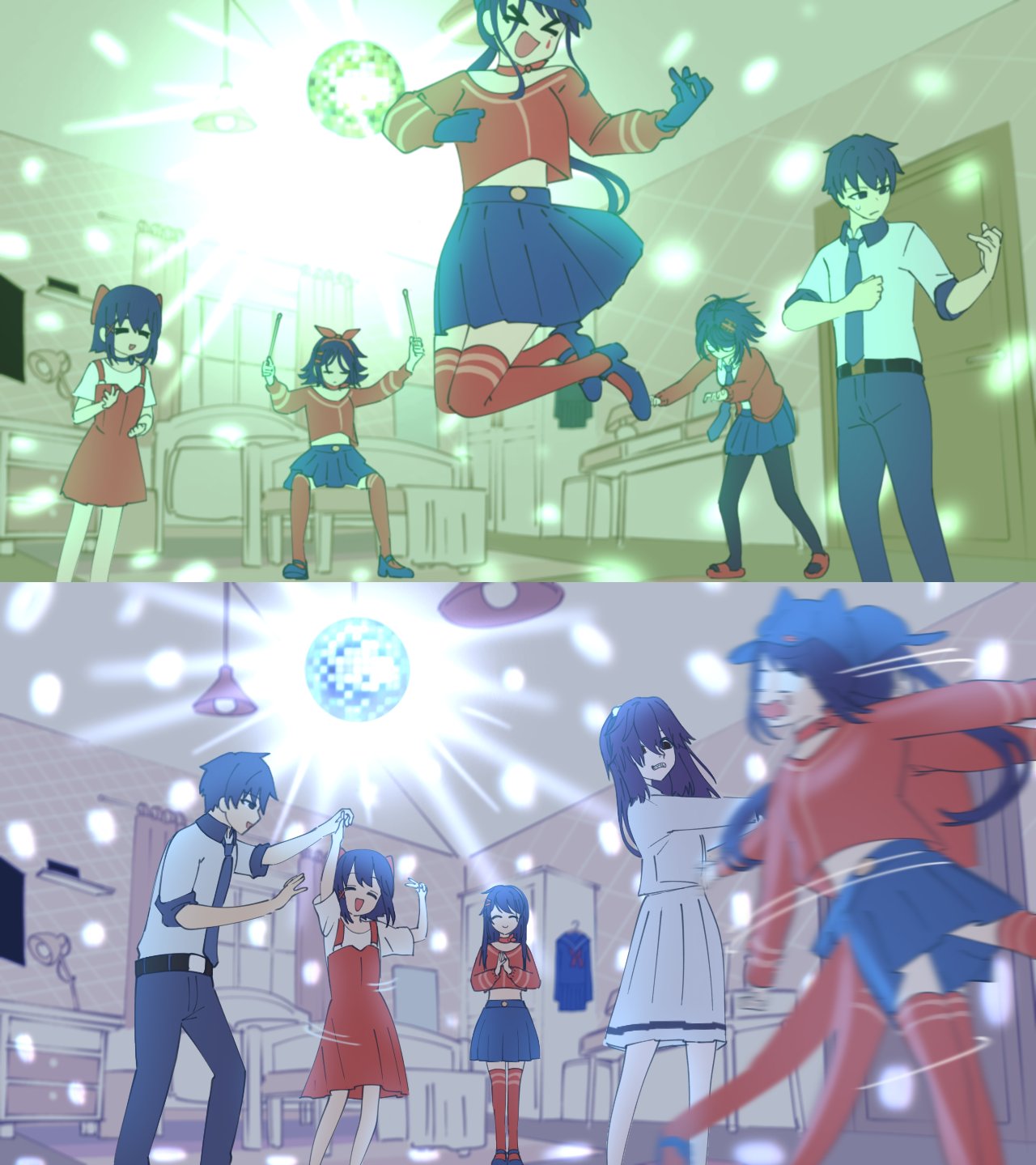 >_<, 1boy, 5girls, air_guitar, baseball_cap, bedroom, blue_footwear, blue_hat