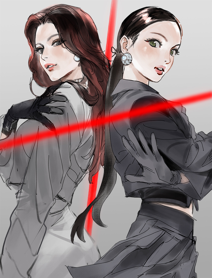 2girls, black_gloves, brown_hair, curly_hair, earrings, gloves, green_eyes, grey_skirt