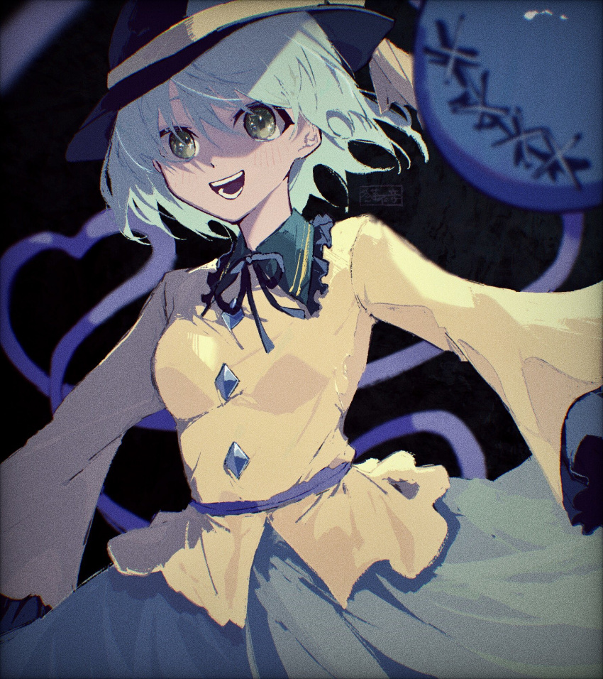 1girl, :d, black_background, black_hat, black_ribbon, breasts, buttons, collared_shirt, commentary_request, diamond_button, film_grain, frilled_shirt_collar, frilled_sleeves, frills, from_below, green_eyes, green_hair, green_skirt, hair_behind_ear, hair_between_eyes, hat, heart, heart_of_string, highres, komeiji_koishi, long_sleeves, looking_at_viewer, neck_ribbon, nyafu_1924, open_mouth, ribbon, shaded_face, shirt, short_hair, simple_background, skirt, small_breasts, smile, solo, teeth, touhou, upper_body, wide_sleeves, yellow_shirt