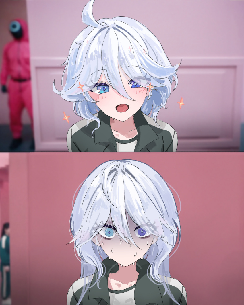 1girl, 1other, 2girls, absurdres, ahoge, blue_eyes, blue_hair, blurry