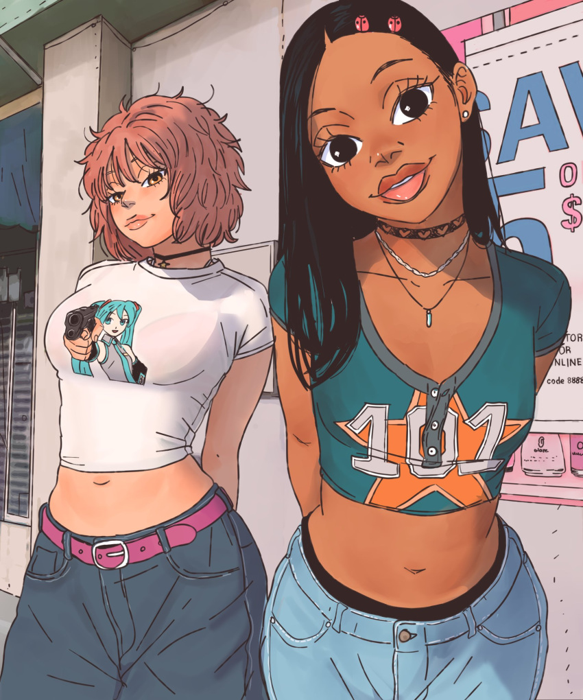 2girls, belt, black_choker, black_eyes, black_hair, blue_pants, blue_shirt, brown_eyes