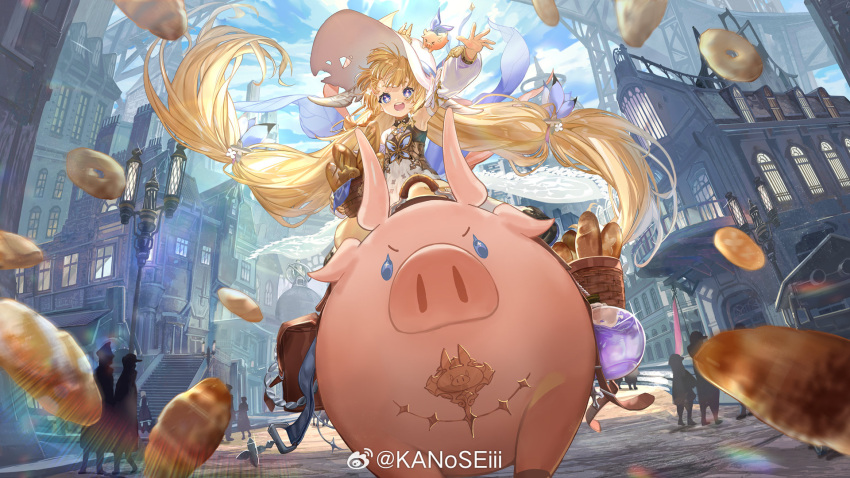 +_+, 1girl, absurdly_long_hair, animal_ears, bagel, baguette, bare_shoulders, basket