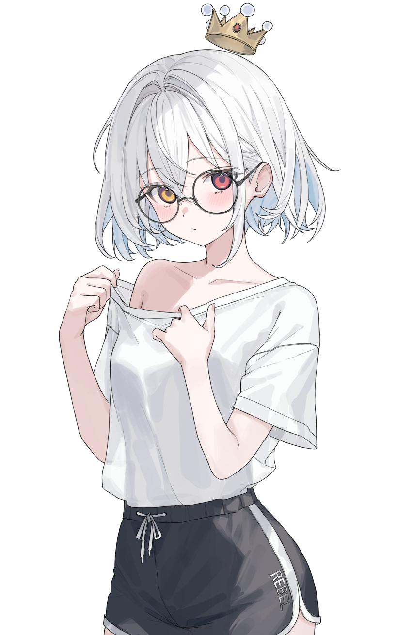 1girl, absurdres, bare_shoulders, black-framed_eyewear, black_shorts, closed_mouth, collarbone, cowboy_shot