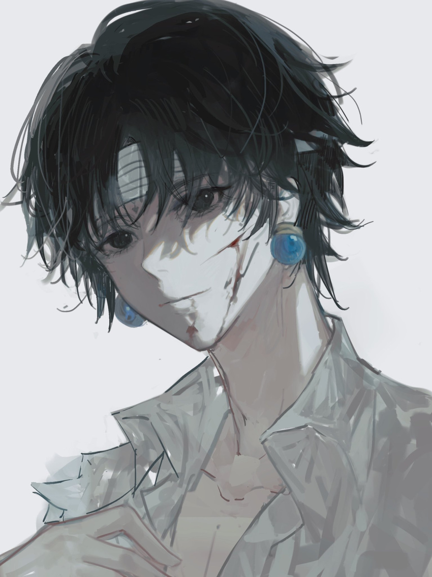 1boy, bandaged_head, bandages, black_eyes, black_hair, blood, blood_on_face, chrollo_lucilfer, earrings, highres, hunter_x_hunter, jewelry, male_focus, mizu1202001, shirt, short_hair, simple_background, sketch, smile, solo, upper_body, white_background, white_shirt