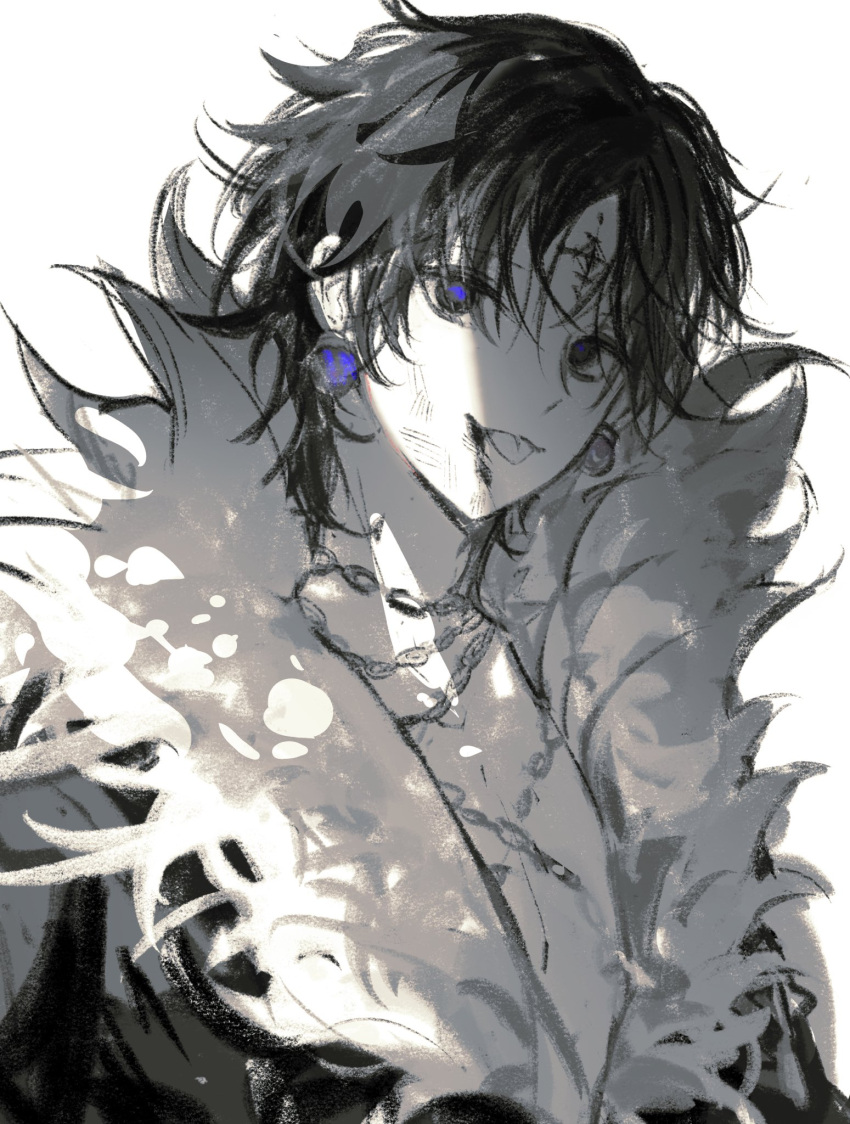 1boy, black_eyes, black_hair, blood, blood_on_face, chain, chain_necklace, chrollo_lucilfer