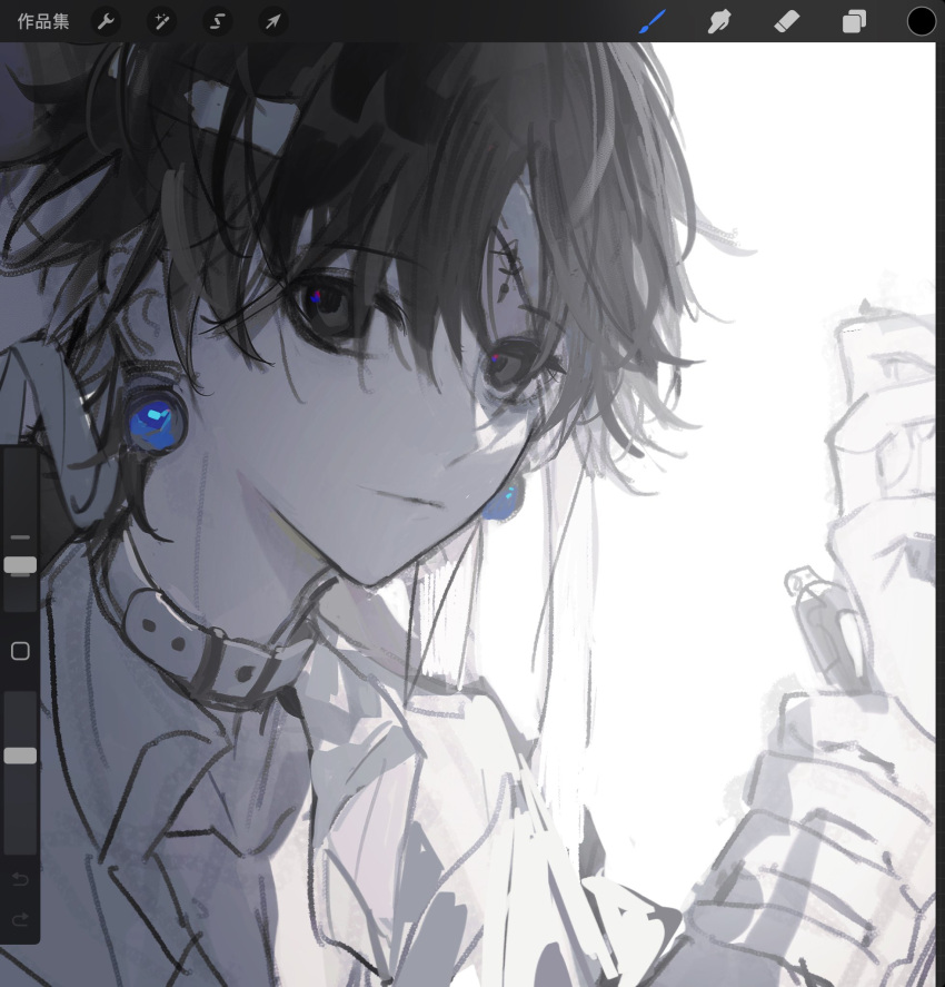 1boy, art_program_in_frame, black_hair, chrollo_lucilfer, collar, cross_tattoo, earrings, forehead_tattoo