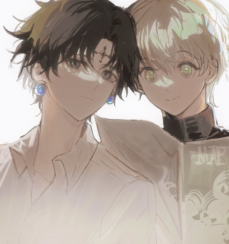 2boys, black_hair, chrollo_lucilfer, cross_tattoo, earrings, forehead_tattoo, grey_eyes, grey_hair