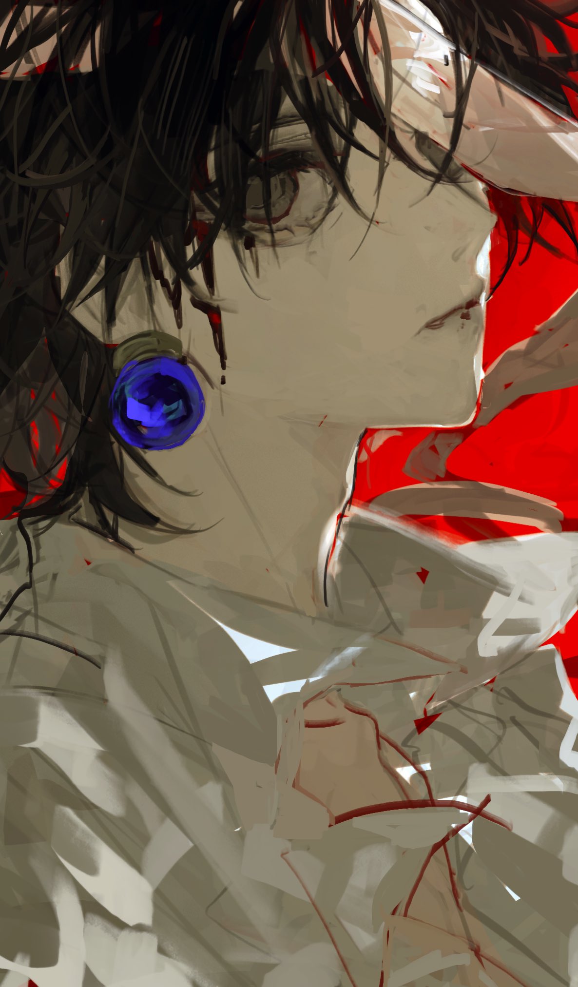 1boy, bandages, black_hair, bleeding, blood, blood_on_face, chrollo_lucilfer, earrings