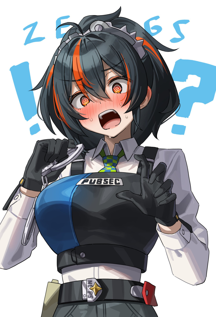 1girl, @_@, absurdres, black_gloves, black_hair, blush, breasts, bulletproof_vest, checkered_necktie, cuffs, gloves, green_tea_(matchaistasty), handcuffs, hands_up, highres, holding, holding_handcuffs, large_breasts, metal_hairband, necktie, open_mouth, ponytail, red_eyes, red_hair, shirt, simple_background, solo, sweatdrop, upper_body, white_background, white_shirt, zenless_zone_zero, zhu_yuan