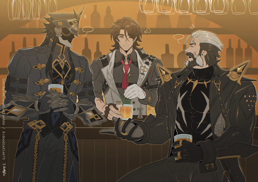 3boys, abs, armored_gloves, bar_(place), beard, belt, belt_chain, black_belt