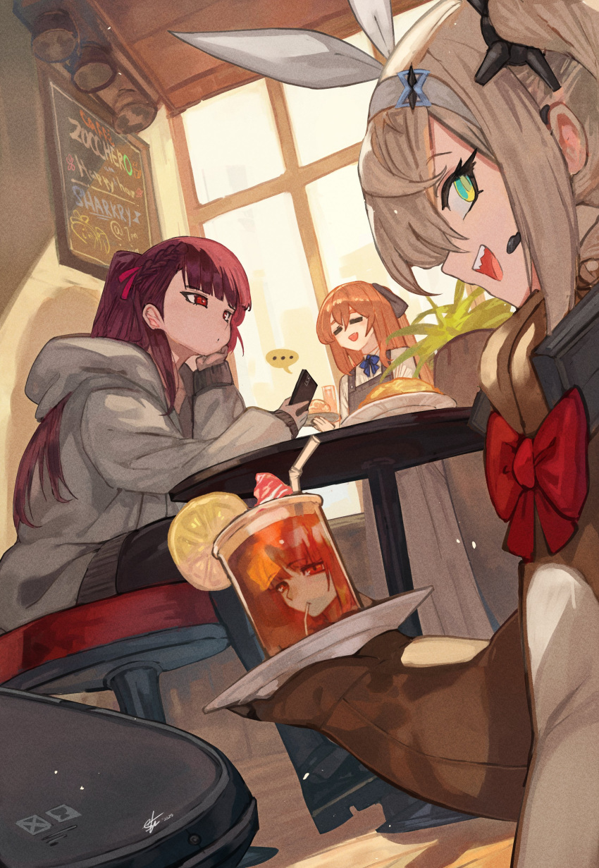 3girls, absurdres, alternate_costume, animal_costume, aqua_eyes, black_footwear, black_pantyhose, blonde_hair, brown_hair, cellphone, chalkboard, character_request, closed_mouth, commentary, dot_mouth, drink, drinking_straw, english_commentary, english_text, food, fruit, girls'_frontline_2:_exilium, girls_frontline, grey_jacket, hair_ribbon, hairband, highres, holding, holding_phone, hood, hooded_jacket, indoors, jacket, lemon, lemon_slice, long_hair, looking_at_viewer, makiatto_(girls'_frontline_2), multiple_girls, open_mouth, pantyhose, phone, purple_hair, red_eyes, red_ribbon, reflection, ribbon, sharkry_(girls'_frontline_2), shoes, sitting, smartphone, smile, springfield_(girls'_frontline), stool, table, tray, trustyskittles, upper_body, wa2000_(girls'_frontline), white_hairband