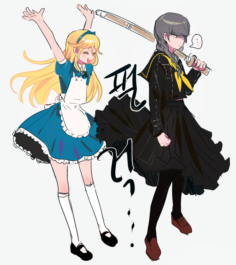 ..., 2boys, alice_(alice_in_wonderland), alice_(alice_in_wonderland)_(cosplay), alice_in_wonderland, annoyed, apron, arms_up